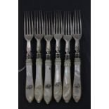 Set of Six Victorian Silver Dessert Forks with foliate engraving and Mother of Pearl Handles,
