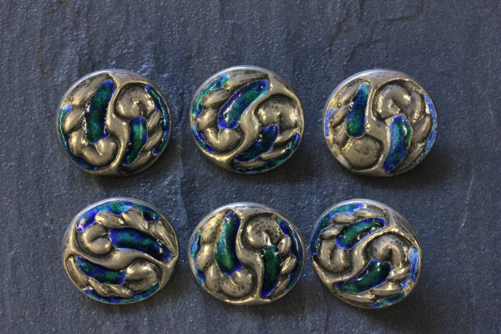 Set of Six Liberty & Co Silver and Blue Enamel Buttons marked Cymric, Birmingham 1906