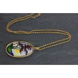 Limoges Enamel Oval Pendant depicting Sunset and Trees signed to reverse Issanchou, Limoges on 9ct