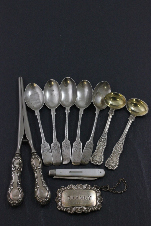 Five Victorian Silver Teaspoons, Pair of Victorian Silver Salt Spoons with Gilt Bowls (Glasgow