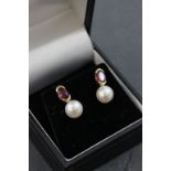 Pair of 18ct Yellow Gold cultured Pearl and Ruby Earrings
