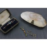 Clam Shell Purse with Four Yellow Metal Earrings and a Yellow Metal bar Brooch set with a Blue