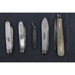 Four Mother of Pearl Fruit Knives with Silver Bladed and a Silver Cased Fruit Knife