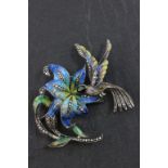 Silver Enamelled Large Brooch of a Hummingbird and Flower with Marcasite detail
