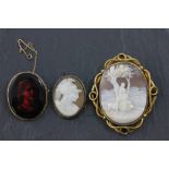 Large Pinchbeck Shell Cameo Brooch with Girl and Goat design, White Metal Shell Cameo Brooch and 9ct