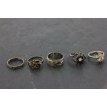 Three Silver Dress Rings and Two White Metal Bands