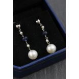 Pair of White Gold Sapphire and cultured pearl drop earrings