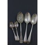 Pair of Georgian Silver Serving Spoons, Pair of Georgian Silver Teaspoons and a Victorian Silver