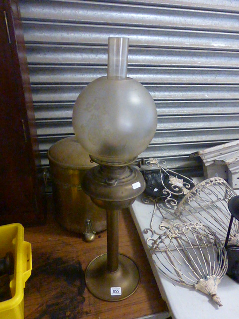 Brass Tall Oil Lamp with Etched Glass Bulbous Shade