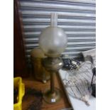 Brass Tall Oil Lamp with Etched Glass Bulbous Shade