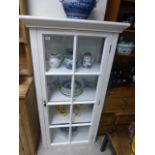 White Painted Display Cabinet with glazed side panels and single opening to reveal four shelves