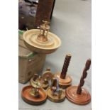 Two Large Wooden Hand Turned Nut Crackers and Bowls plus Two Wooden Lamp Bases and Two Spinning