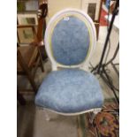 French Style White Painted Spoon Back Bedroom Chair with Blue Upholstered Back and Seat