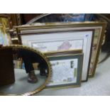 Art Deco Metal Framed Mirror together with Two Other Mirrors and Four Framed and Glazed Reproduction