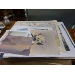 Large folio of unframed artworks of various mediums to include modern map of Essex