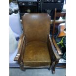 1930's / 40's Oak Framed Elbow Chair with Brass Studded Leatherette