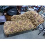 1920's / 30's Re-Upholstered Small Chaise-Lounge with Button Back and Arm raised on cabriole legs