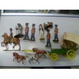 Group of vintage metal soldiers & cart including flat Guards on stands