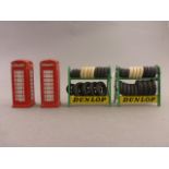 Two original Dunlop tyre racks compete with tyres plus two die-cast roadside Telephone Box