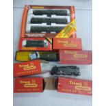 Six OO gauge model railway engines including Triang R52 0-6-0 Tank Loco in black, R50 Princess