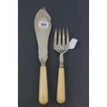 Victorian Fish Serving Knife and Fork Set, the silver blades with foliate engraving and silver