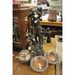 Victorian Spelter Figure Group of Maiden with Cherub together with Silver Plate Teapot and Pair of