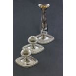 Norwegian Silver Set comprising Pair Desk Candlesticks and a Bud Vase, each with gadrooning to base,