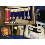 Men's Grooming Set, Vintage Oxo Tin, Lighters, Silver Plated Commemorative Spoons, Vintage Padlock,