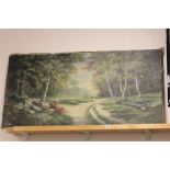 Large Oil on Canvas of Figure gathering wood in the forest signed Claverie