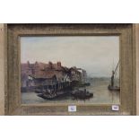 Framed Oil On Board of the Thames Wharfside with Figures in Boats, signed lower right A Embleton?