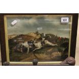 Framed and Glazed Oil Painting of Hounds catching a Fox