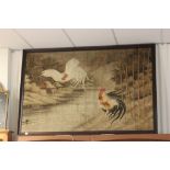 Large Wooden Framed Oriental Needlework depicting two cockerels by river in wooded landscape,