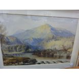 19th Century watercolour Lake in a Mountainous landscape with Fishermen seated on a rock at the