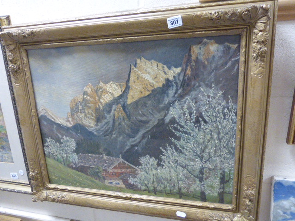 Gilt Framed Oil on Board of a Chalet in Mountainous Landscape initialled HS