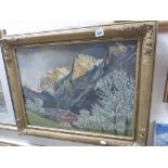 Gilt Framed Oil on Board of a Chalet in Mountainous Landscape initialled HS