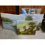 Oils on canvas pair of country cottage views together with two marine scenes (4)