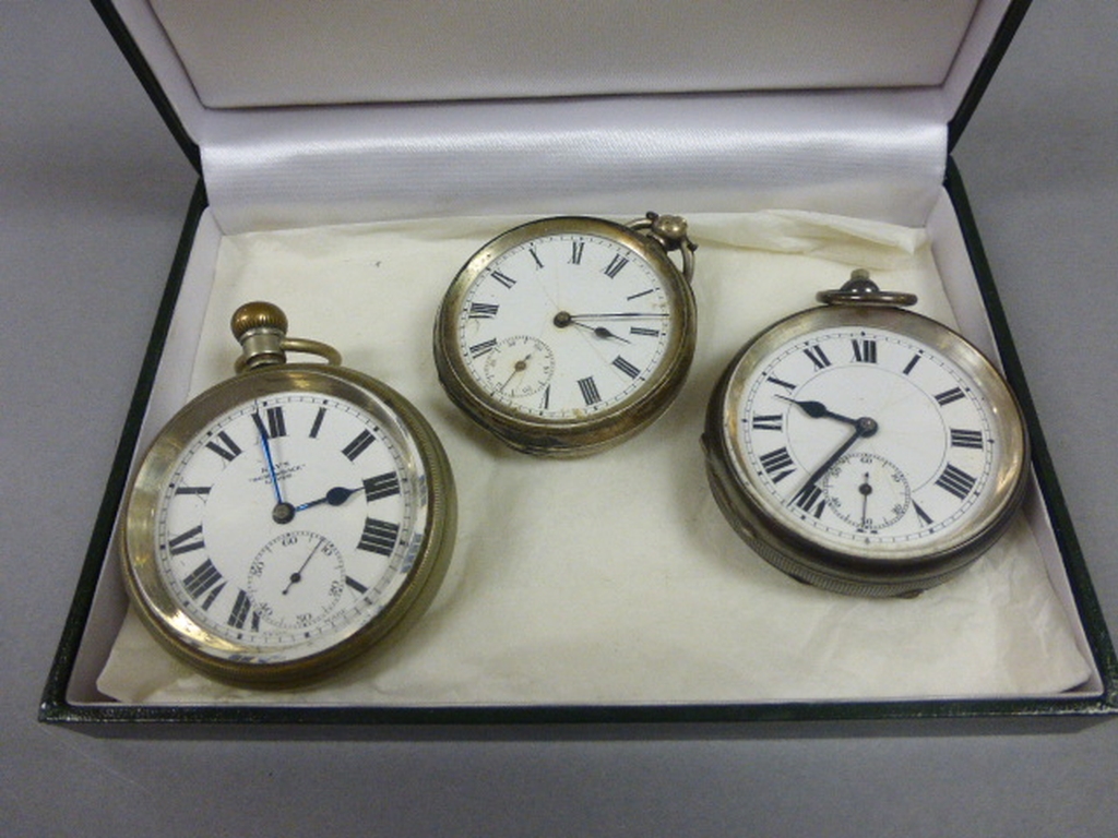 Three Pocket Watches, two silver cased and a Kays Screwback Lever