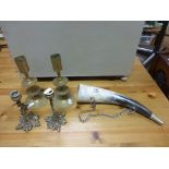 Two Pairs of Brass Candlesticks and a French ' Horn ' Horn