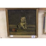 Gilt Framed Oil on Board of a Dog with a Lacrosse Racquet and Ball