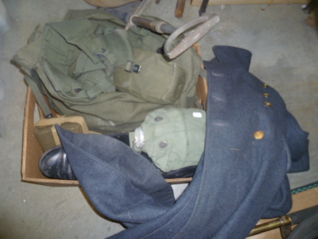 Wartime RAF Overcoat, RAF Boots, Canvas Bags, Water Containers plus Military Hardypick Shovel
