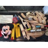 Collection of wooden train items plus a vintage Mickey Mouse mouth game