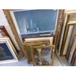 Large Gilt Framed Barrie Clark Military Airplane Print, Three Gilt Framed Oil Paintings and Two