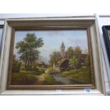 Framed Oil on Canvas depicting Figures by a Stream and Village signed Gotthardt