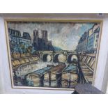 Framed Oil on Canvas depicting Canal Boats on a River, possibly Paris signed Hoad 60