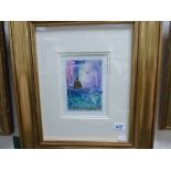 20th C Study framed oil/gouche Surrealist landscape with castle label on verso inscribed Luke