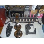 Cast Iron Fire Front, Flat Iron, Shoe Last and a Pair of Oak Candlesticks