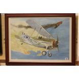 Framed and Glazed Watercolour of Bi-plane and another World War Aircraft in flames signed David