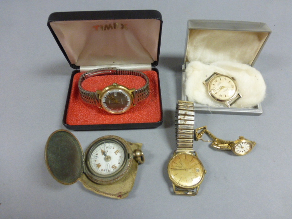 Silver Plated Military Compass, Accurist Wristwatch, Boxed Times Wristwatch and Two Other