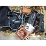 Wicker Basket containing Cameras including Praktica, Fujica, Tamron Lens and Case, Canon T80,