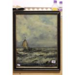 Framed and Glazed Oil Painting of Sailing Boats on rough seas, indistinctly signed bottom right